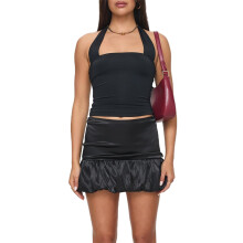 (S, Black) Women's Puffball Hem Mini Skirt High Rise Solid Color Satin Bodycon Bubble Skirt for Party
