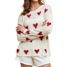 (S, Creamy White) Women Cute Sweaters Casual Heart Print Ripped Comfy Warm Long Sleeve Pullover Basic Knitwear for Fall Streetwear