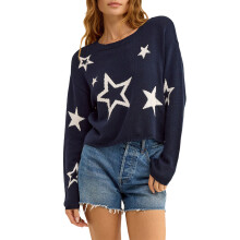 (S, Navy Blue) Women's Autumn Winter Knit Sweater Long Sleeve Crewneck Star Print Loose Knitwear