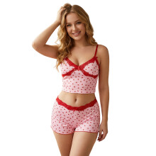 (M, Pink) Women's 2 Piece Pajamas Set Cute Sleeveless Dots Print Cami Tops + Shorts Set Lounge Clothes