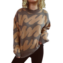 (S, Grey) Pulls mignons femmes, style décontracté, rayures ondulées, col rond, manches longues, basiques maille automne et streetwear.