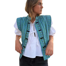 (S, Malachite Blue) Chaleco de mujer para primavera y otoño con cuello alto, sin mangas, abotonado y a rayas.