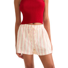 (L, Pink) Short boxer décontracté pour femme, taille élastique, imprimé rayures, jambes larges, pantalon tendance avec poches