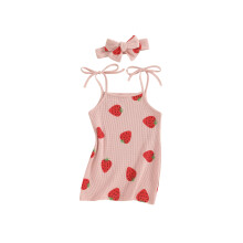 (3-4 Years, Pink) Zweiteiliges Sommeroutfit für Mädchen: Ärmelloses Top mit Erdbeermuster zum Binden und passendes Haarband