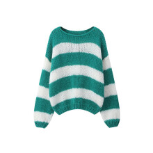 (S, Green) Women's Striped Sweater Loose Boat Neck Long Sleeve Pullover Tops for Fall Winter
