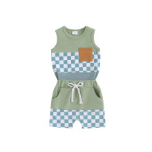 (0-6 Months, Green) Babyjongensset met short, mouwloos topje en short met elastische taille, geruite zomeroutfit