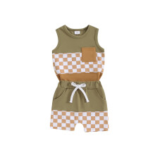 (0-6 Months, Army Green) Babyjongensset met short, mouwloos topje en short met elastische taille, geruite zomeroutfit