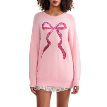 (S, Pink) Women's Autumn Winter Knit Sweater Long Sleeve Crewneck Bow Print Casual Knitwear