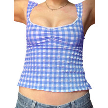 (M, Sky Blue) Camisola pentru femei, fără mâneci, decoltată, fără spate, în carouri, cu dantelă, croială slim fit, vestă de vară