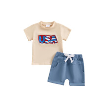 (6-12 Months, Blue) Babyjongensset met shorts, T-shirt met korte mouwen en geborduurde letters. Zomeroutfit.