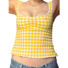 (L, Yellow) Camisola pentru femei, fără mâneci, decoltată, fără spate, în carouri, cu dantelă, croială slim fit, vestă de vară