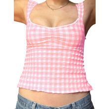 (M, Light Pink) Camisola pentru femei, fără mâneci, decoltată, fără spate, în carouri, cu dantelă, croială slim fit, vestă de vară