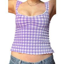 (S, Lavender) Camisola pentru femei, fără mâneci, decoltată, fără spate, în carouri, cu dantelă, croială slim fit, vestă de vară
