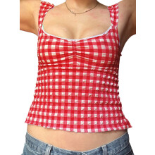 (M, Red) Women Camisole, Sleeveless Low-cut Backless Plaid Tops Lace Trim Slim Fit Summer Vest