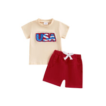 (18-24 Months, Red) Babyjongensset met shorts, T-shirt met korte mouwen en geborduurde letters. Zomeroutfit.