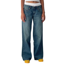 (XL, Blue) Pantaloni in denim da donna primavera/estate, a vita bassa e gamba larga, con molteplici tasche.