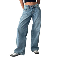 (XS, Light Blue) Pantaloni in denim da donna primavera/estate, a vita bassa e gamba larga, con molteplici tasche.