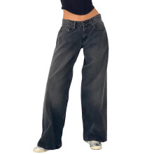 (M, GRAY) Pantaloni in denim da donna primavera/estate, a vita bassa e gamba larga, con molteplici tasche.