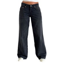 (XS, Dark Grey) Pantaloni in denim da donna primavera/estate, a vita bassa e gamba larga, con molteplici tasche.