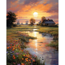 Fountor Countryside Sunset Paint by Numbers for Adults, Riverside Cabin Adult Paint by Numbers Canvas Kits Without Frame, DIY Acrylic Number Painting