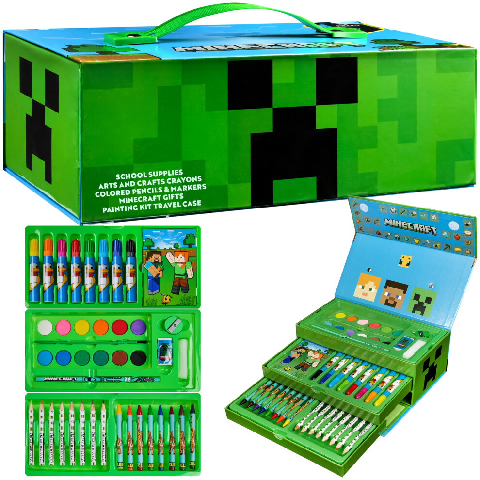 Minecraft Art Supplies Set With Colouring Pencils Felt Tip Pens Watercolour Paints Wax Crayons For Drawing Painting Set Creeper Travel Art Set Gamer