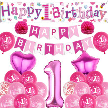 Sroeeshee 1st Birthday Decorations Girls - Rose Pink Large Happy 1st Birthday Yard Banner, Stars Number 1 Foil Balloons and Paper Pompoms for 1 Year