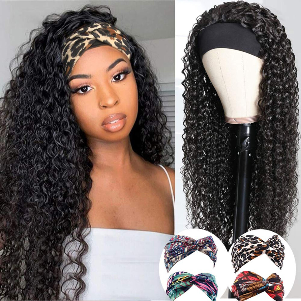 Unisex Headband Wig Curly Human Hair Glueless Brazilian Remy With Natural Hairline 150% Density 16 Inch