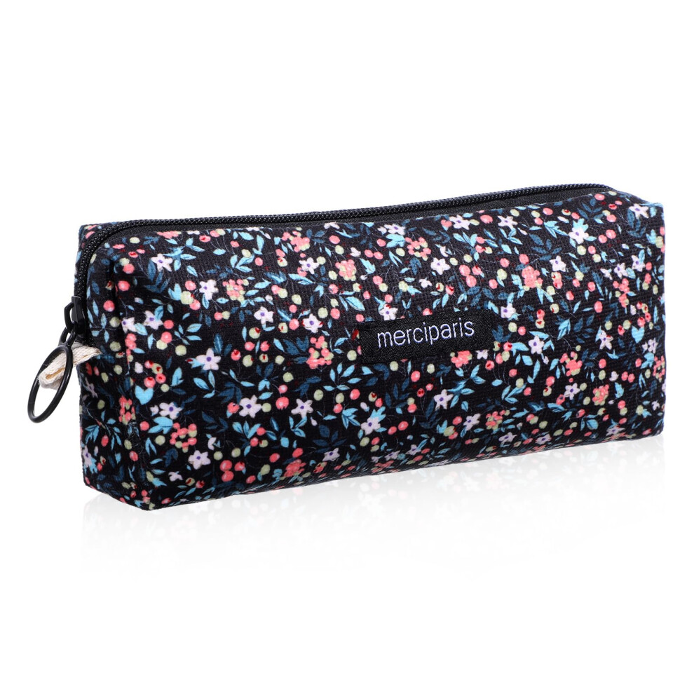 Retro Floral Pencil Case Corduroy Cosmetic Bag with Smooth Zipper for Travel and Office Use
