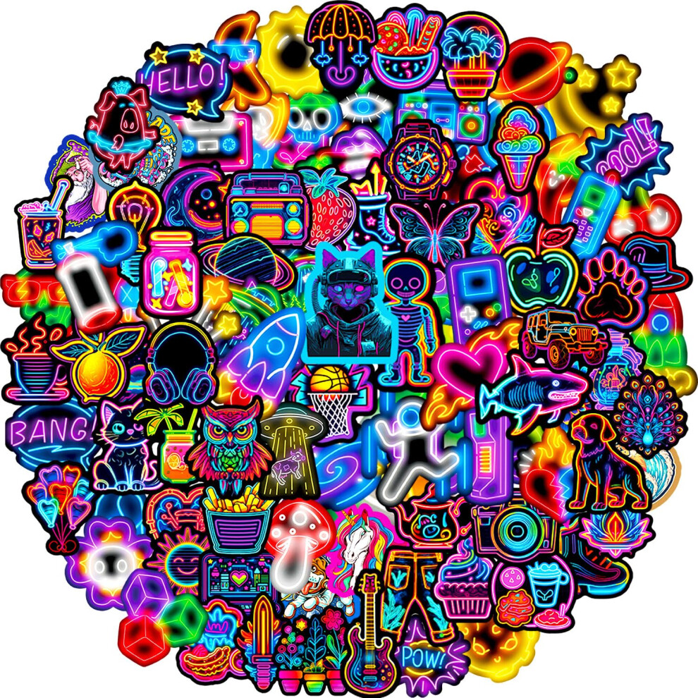 Kedikamodi 100 Pcs Cute Neon Stickers For Children Adults, Teacher Reward Prizes For Kids, Waterproof Vinyl Stickers For Scrapbook Luggage Suitcase Laptop Journ