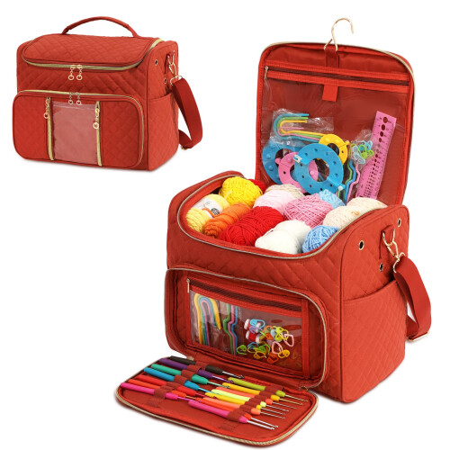 Rust Red Crochet Storage Bag with MultiPocket Waterproof Design for Knitting and Yarn Organizer
