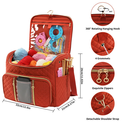 Rust Red Crochet Storage Bag with MultiPocket Waterproof Design for Knitting and Yarn Organizer 1