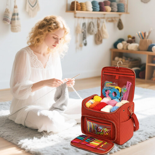 Rust Red Crochet Storage Bag with MultiPocket Waterproof Design for Knitting and Yarn Organizer 2