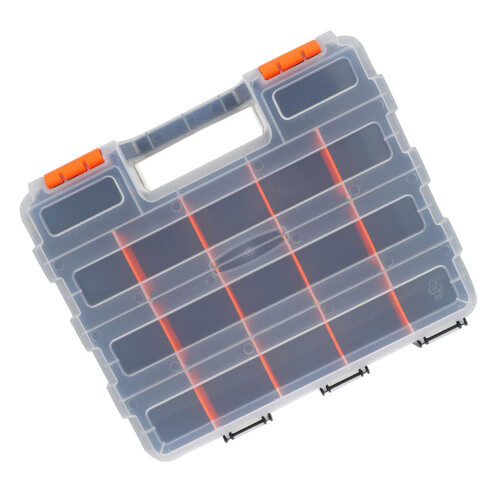 Plastic Tool Organizer Box with Transparent Lid, 15Compartment DoubleSided Storage for Electronics and Crafts