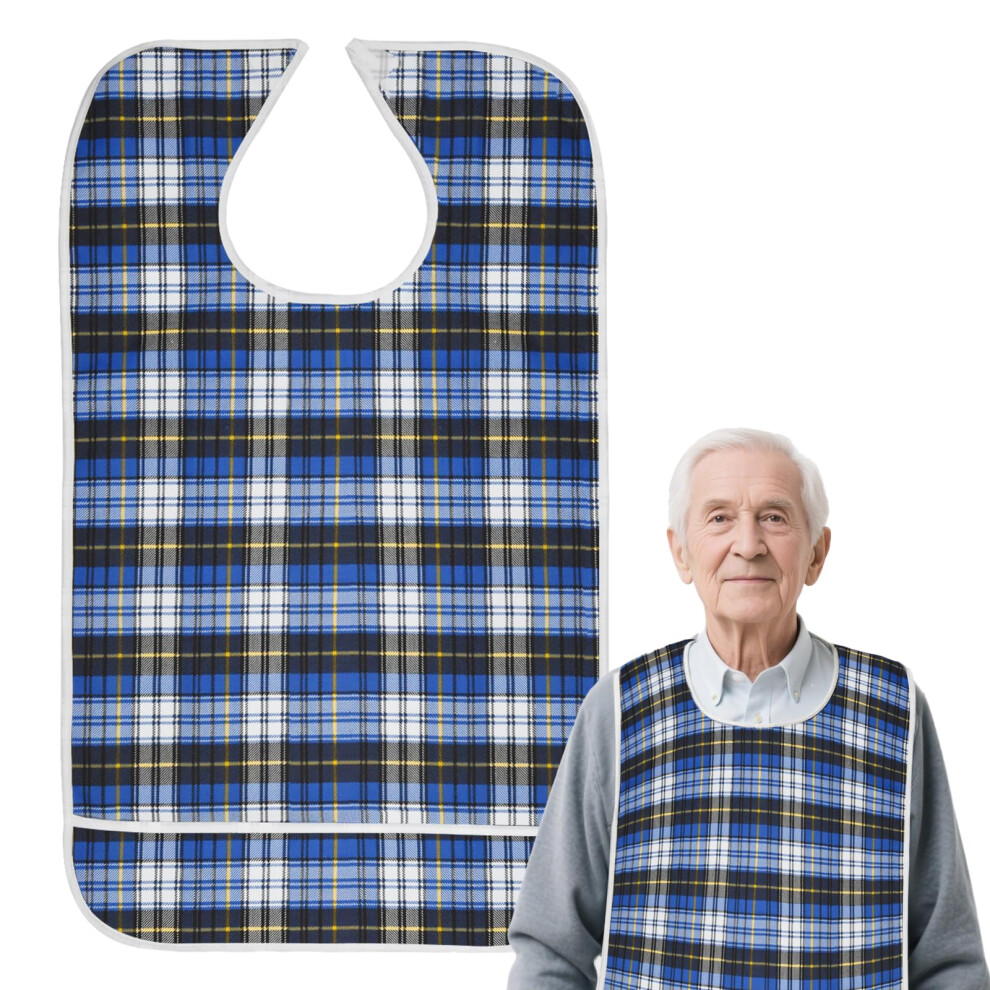 Blue Waterproof Adult Bib With Crumb Catcher, Reusable Dining Protector For Elderly Men And Women