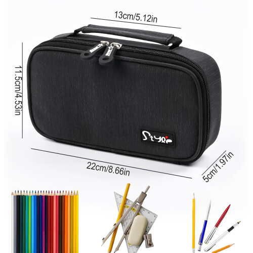 Large Capacity Black Canvas Pencil Case with 4 Compartments for Students and Office 1