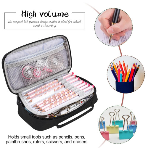 Large Capacity Black Canvas Pencil Case with 4 Compartments for Students and Office 2