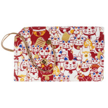 Lucky Cat Roll Up Pencil Case with Clear Pockets, Cotton Brush Pen Organizer for Travel