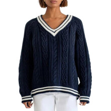 (XL, Navy Blue) Women's Cable Knit Sweater Loose Contrast Trim V Neck Long Sleeve Pullover Tops for Fall Winter