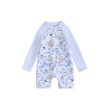 (6-12 Months, Blue) Badeanzug für Kleinkinder (Jungen) mit Rashguard, Reißverschluss, langen Ärmeln und Hai-Print