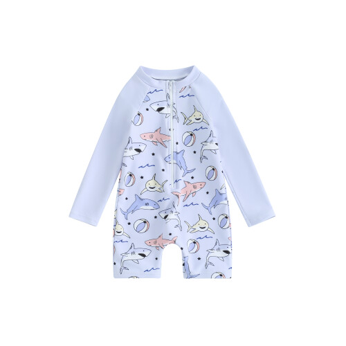 (6-12 Months, Blue) Μαγιό για νήπια αγόρια με φερμουάρ, μακριά μανίκια και σχέδιο καρχαρία