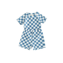 (2-3 Years, Blue) Sommerbadeanzug für Kleinkinder (Jungen), kariert, Kurzarm-Oberteil und Badehose, 2-teilig, Strandbademode