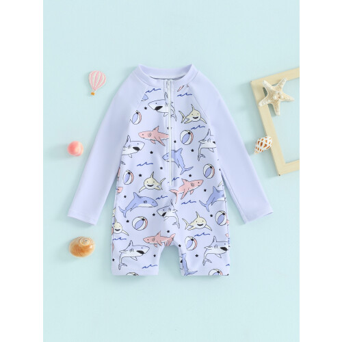 (6-12 Months, Blue) Μαγιό για νήπια αγόρια με φερμουάρ, μακριά μανίκια και σχέδιο καρχαρία 1