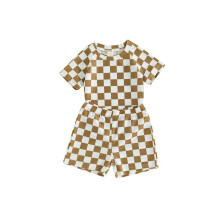 (18-24 Months, Brown) Sommerbadeanzug für Kleinkinder (Jungen), kariert, Kurzarm-Oberteil und Badehose, 2-teilig, Strandbademode