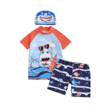 (5-6 Years, Sky Blue) Ensemble de maillot de bain anti-UV garçon, 3 pièces, haut imprimé requin, short de bain, bonnet.