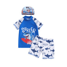 (3-4 Years, Blue) Completo da bagno ragazzi: maglietta corta con stampa squalo, pantaloncini pesci e cappellino.