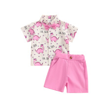 (3-6 Months, Pink) Ensemble frère-sœur assorti : chemises à revers boutonnées à imprimé dinosaure et shorts unis (2 pièces)