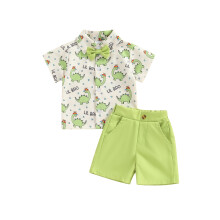 (6-12 Months, Green) Ensemble frère-sœur assorti : chemises à revers boutonnées à imprimé dinosaure et shorts unis (2 pièces)