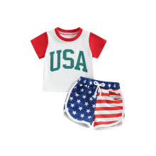 (6-12 Months, Red) Ensemble garçon : t-shirt court et short étoiles-rayures, parfait pour le 4 juillet.