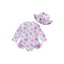 (3-6 Months, Purple) Tyttövauvan kesäiset kukkakuvioiset uima-asut ja aurinkohattu setti taaperoille
