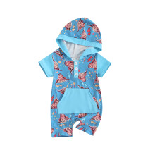 (0-3 Months, Blue) Combinaison bébé garçon, barboteuse d'été sans manches à capuche avec imprimé tête de vache, idéale pour le quotidien.